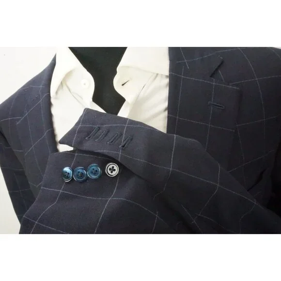 Isaia Napoli 130s Ply Wool Navy Blue Windowpane Sport Coat Jacket 56R NEW
